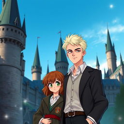 A fanart scene depicting Hermione Granger and Draco Malfoy standing together in front of Hogwarts Castle, showcasing the iconic elements of the castle with its tall towers and turrets in the background