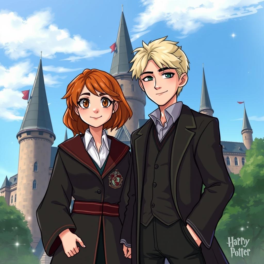 A fanart scene depicting Hermione Granger and Draco Malfoy standing together in front of Hogwarts Castle, showcasing the iconic elements of the castle with its tall towers and turrets in the background