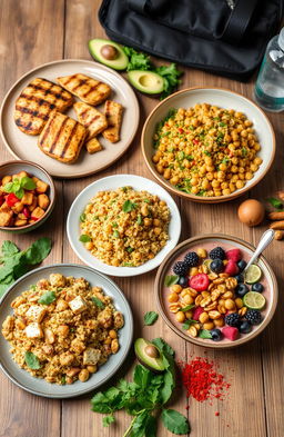 A vibrant and appealing display of easy high-protein meals ideal for busy bodybuilders