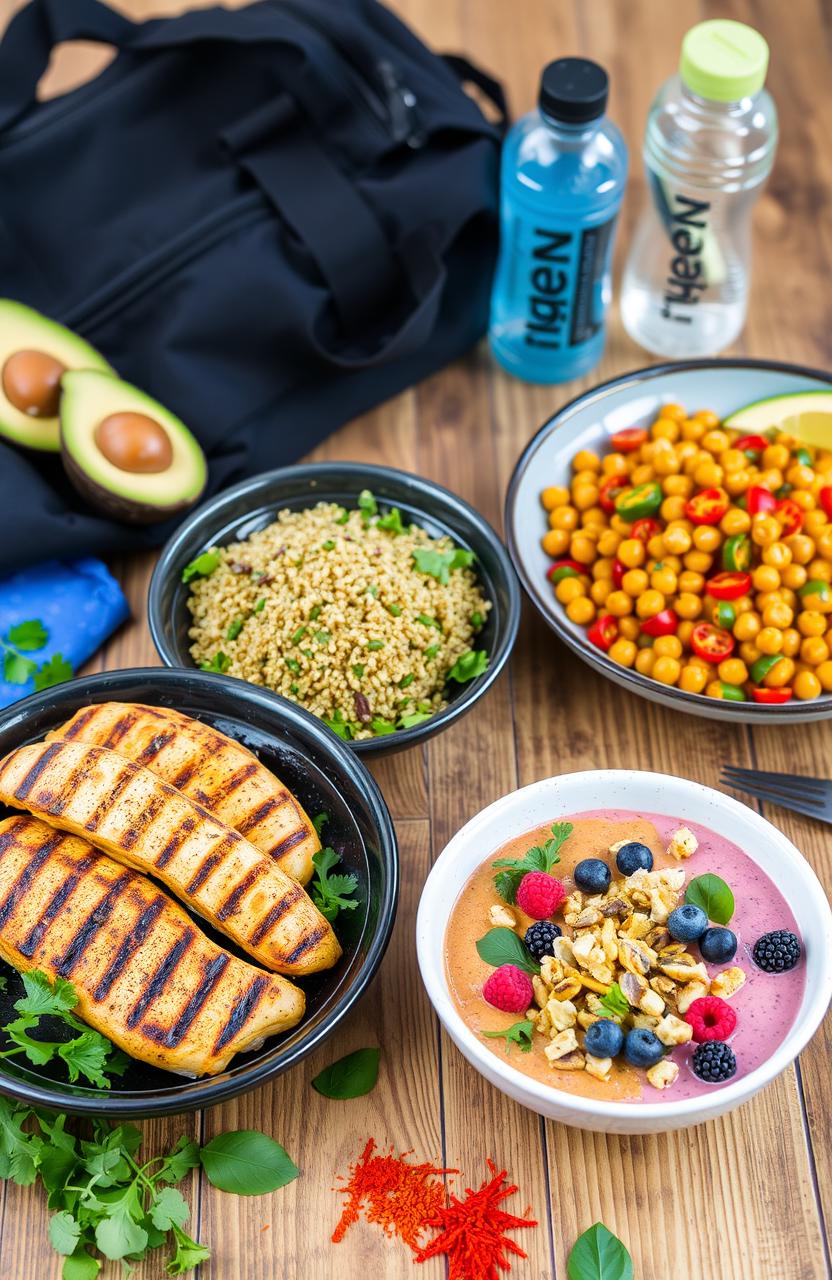 A vibrant and appealing display of easy high-protein meals ideal for busy bodybuilders