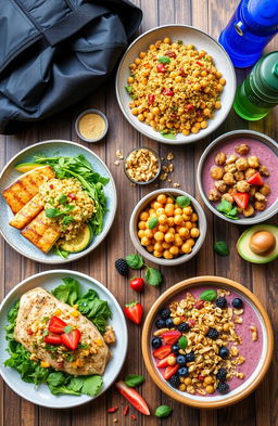 A vibrant and appealing display of easy high-protein meals ideal for busy bodybuilders