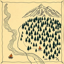 A hand-drawn style forest map featuring a variety of trees spread across the area