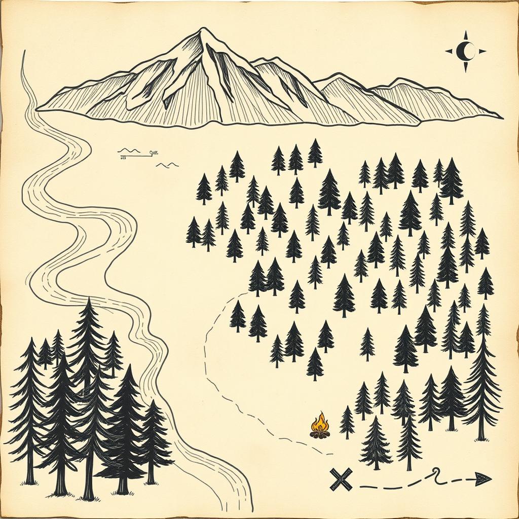 A hand-drawn style forest map featuring a variety of trees spread across the area
