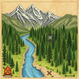 A realistic hand-drawn forest map, showcasing a diverse array of trees illustrated with intricate details