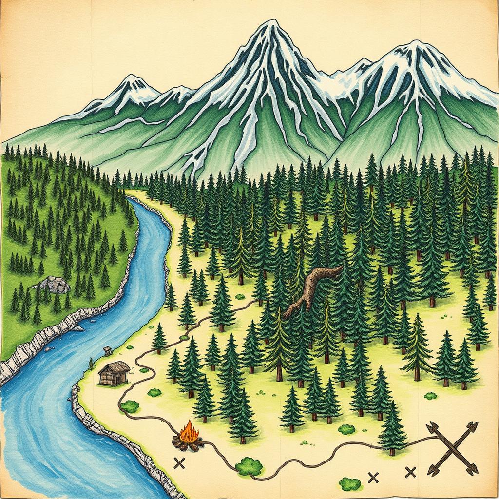 A realistic hand-drawn forest map, showcasing a diverse array of trees illustrated with intricate details