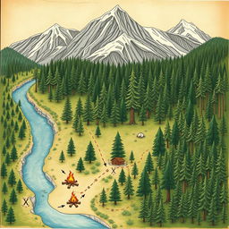 A realistic hand-drawn forest map, showcasing a diverse array of trees illustrated with intricate details