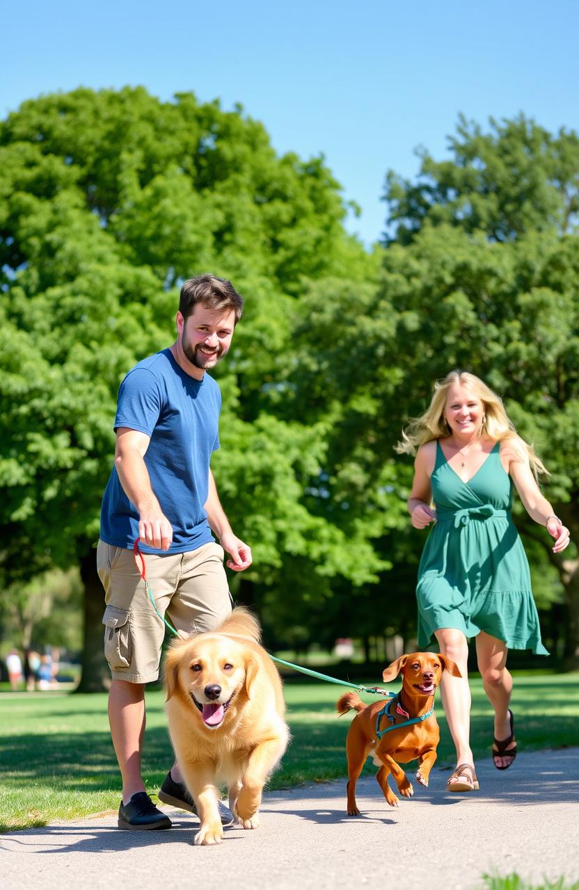 A sunny park scene featuring two people, a man and a woman, happily playing with two dogs