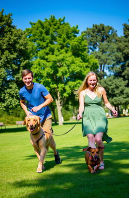 A sunny park scene featuring two people, a man and a woman, happily playing with two dogs