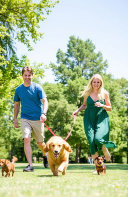 A sunny park scene featuring two people, a man and a woman, happily playing with two dogs