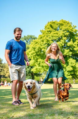 A sunny park scene featuring two people, a man and a woman, happily playing with two dogs