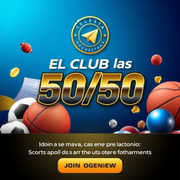 A promotional image for a sports betting Telegram channel named 'El Club de las Apuestas 50/50', featuring a sleek and elegant design
