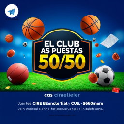 A promotional image for a sports betting Telegram channel named 'El Club de las Apuestas 50/50', featuring a sleek and elegant design
