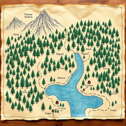 A hand-drawn fantasy forest map depicting a sprawling forest with detailed tree symbols, tall mountains indicated at the top of the map, and a winding river flowing from the left side to the bottom center
