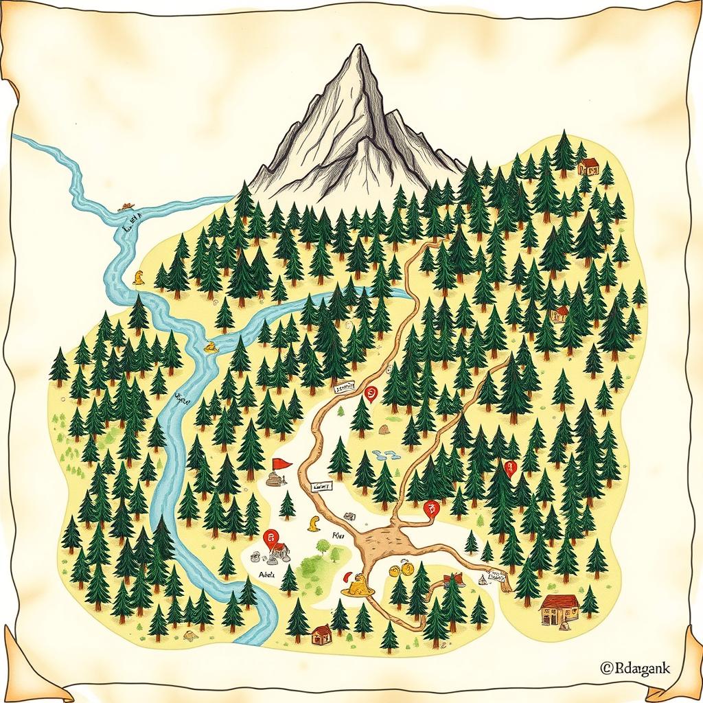 A hand-drawn fantasy forest map depicting a sprawling forest with detailed tree symbols, tall mountains indicated at the top of the map, and a winding river flowing from the left side to the bottom center