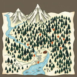 A hand-drawn fantasy forest map depicting a sprawling forest with detailed tree symbols, tall mountains indicated at the top of the map, and a winding river flowing from the left side to the bottom center