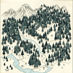 A hand-drawn fantasy forest map depicting a sprawling forest with detailed tree symbols, tall mountains indicated at the top of the map, and a winding river flowing from the left side to the bottom center