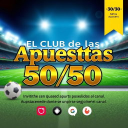 Una imagen elegante y llamativa para promocionar el canal de Telegram llamado "El Club de las Apuestas 50/50"