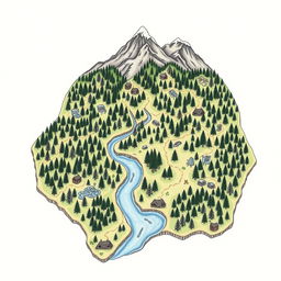 A hand-drawn forest map featuring a dense forest illustrated with intricate tree symbols, majestic mountains positioned at the top, and a flowing river that starts on the left side and curves down towards the bottom center