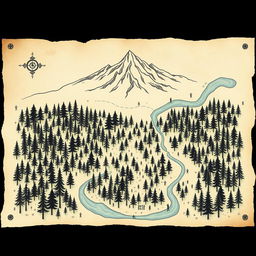 A hand-drawn forest map featuring a dense forest illustrated with intricate tree symbols, majestic mountains positioned at the top, and a flowing river that starts on the left side and curves down towards the bottom center