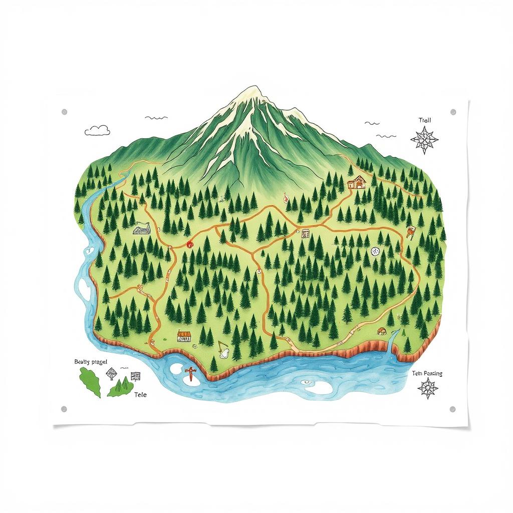A hand-drawn forest map illustrating a lush forest, featuring majestic mountains at the top and a winding river starting on the left side, flowing down toward the bottom of the map