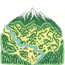 A hand-drawn forest map illustrating a lush forest, featuring majestic mountains at the top and a winding river starting on the left side, flowing down toward the bottom of the map