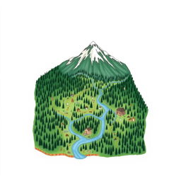 A hand-drawn forest map illustrating a lush forest, featuring majestic mountains at the top and a winding river starting on the left side, flowing down toward the bottom of the map