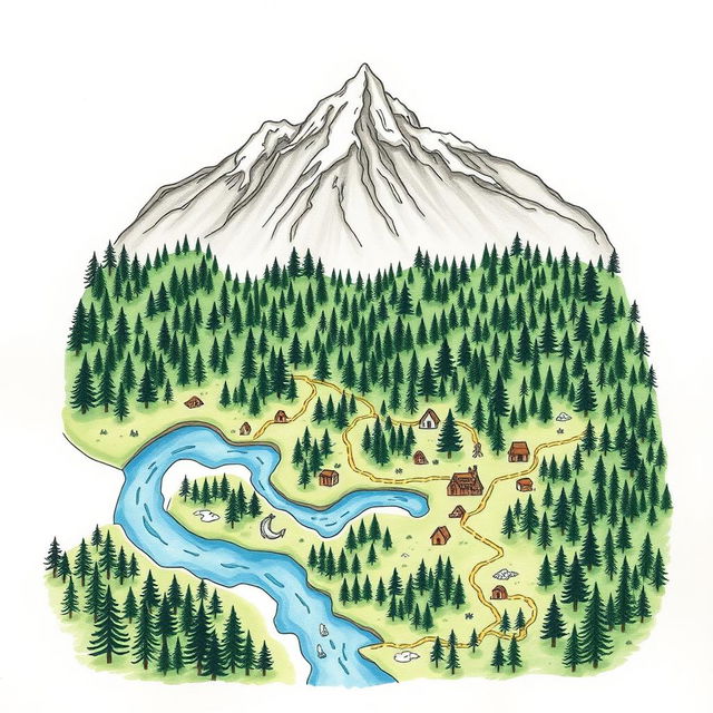 A hand-drawn forest map illustrating a lush forest, featuring majestic mountains at the top and a winding river starting on the left side, flowing down toward the bottom of the map