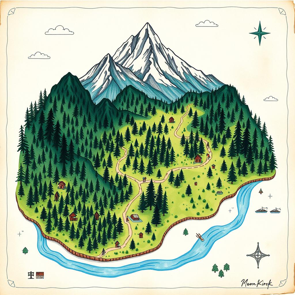 A hand-drawn forest map showcasing a vibrant landscape, featuring towering mountains at the top and a winding river flowing from the left side down to the bottom of the design