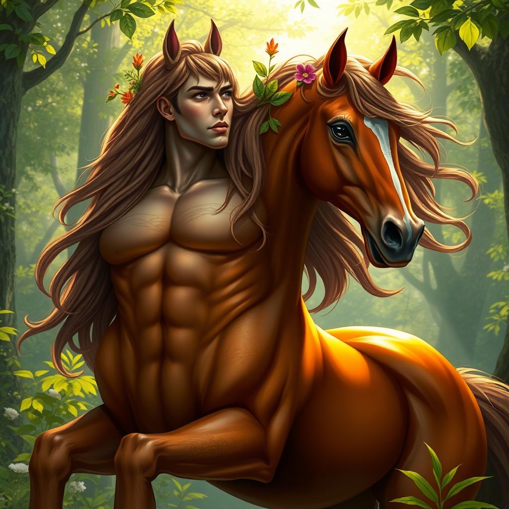 A majestic centaur looking to the left, featuring a muscular human upper body and a powerful horse lower body