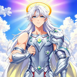 A young man with long, white hair and a halo around his neck, wearing divine silver armor that covers only his chest and forearms