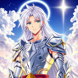 A young man with long, white hair and a halo around his neck, wearing divine silver armor that covers only his chest and forearms