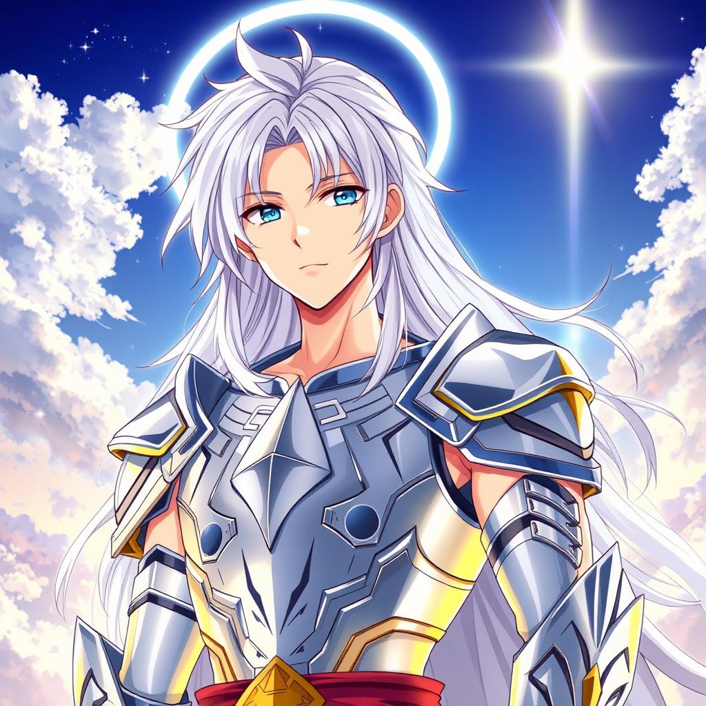 A young man with long, white hair and a halo around his neck, wearing divine silver armor that covers only his chest and forearms