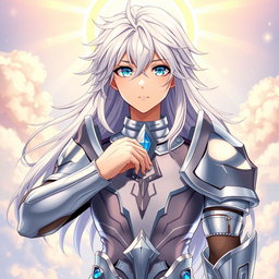 A young man with long, white hair and a halo around his neck, wearing divine silver armor that covers only his chest and forearms