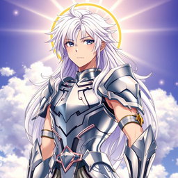 A young man with long, white hair and a halo around his neck, wearing divine silver armor that covers only his chest and forearms