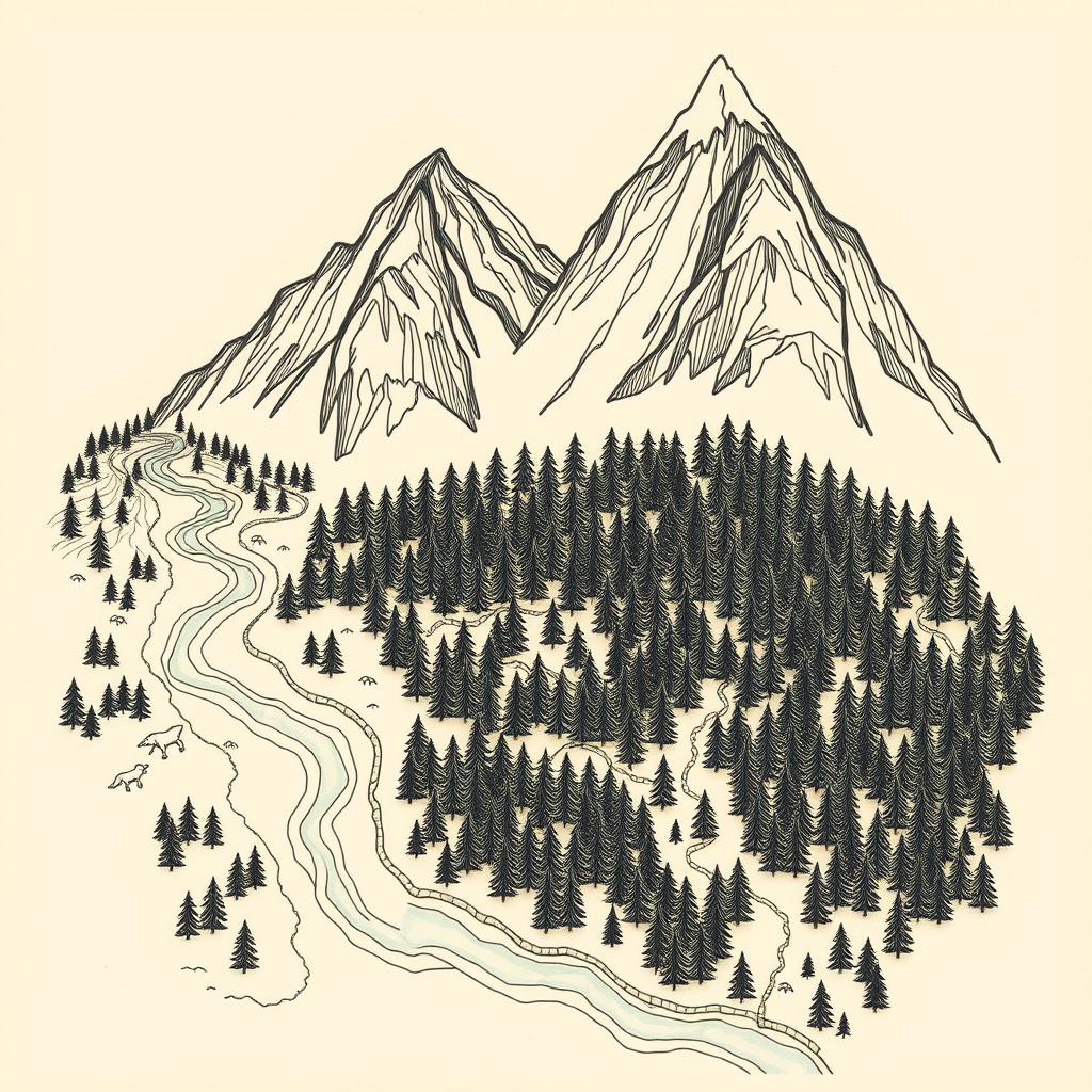A hand-drawn forest map featuring a dense, lush forest in the central area, with tall, majestic mountains depicted at the top portion of the map