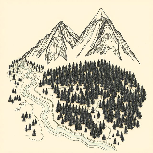 A hand-drawn forest map featuring a dense, lush forest in the central area, with tall, majestic mountains depicted at the top portion of the map