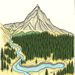 A hand-drawn forest map featuring a dense, lush forest in the central area, with tall, majestic mountains depicted at the top portion of the map