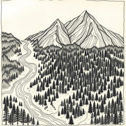 A hand-drawn forest map featuring a dense, lush forest in the central area, with tall, majestic mountains depicted at the top portion of the map