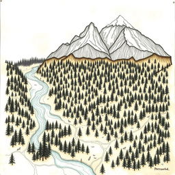 A hand-drawn forest map featuring a dense, lush forest in the central area, with tall, majestic mountains depicted at the top portion of the map