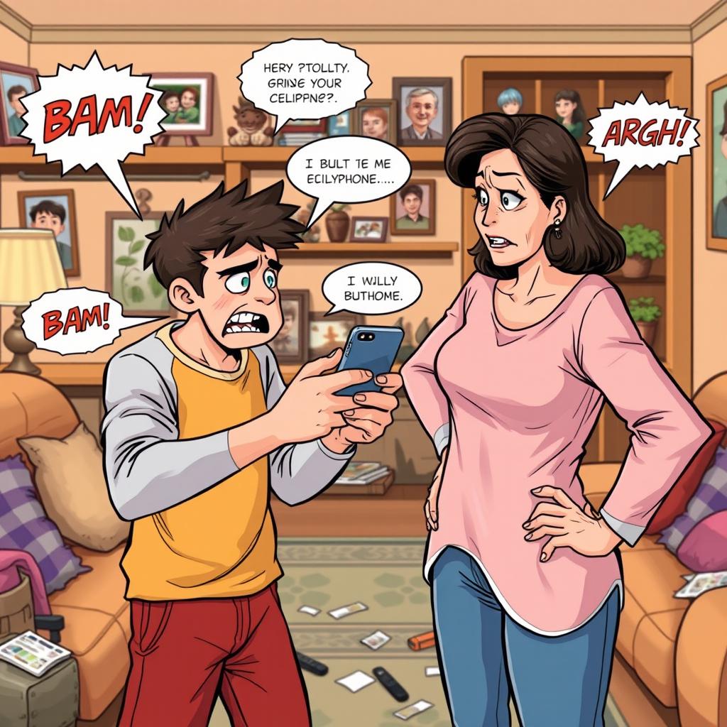 A vibrant comic scene capturing a heated argument between an older brother and their mother over a cellphone