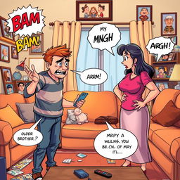 A vibrant comic scene capturing a heated argument between an older brother and their mother over a cellphone