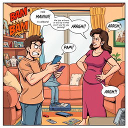 A vibrant comic scene capturing a heated argument between an older brother and their mother over a cellphone