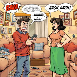 A vibrant comic scene capturing a heated argument between an older brother and their mother over a cellphone