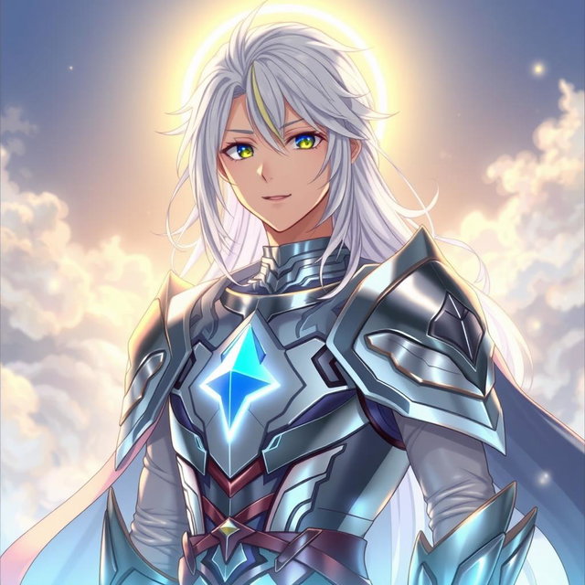 A young man with long, white hair and a glowing halo around his neck, adorned in divine silver armor that covers only his chest and forearms