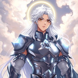 A young man with long, white hair and a glowing halo around his neck, adorned in divine silver armor that covers only his chest and forearms