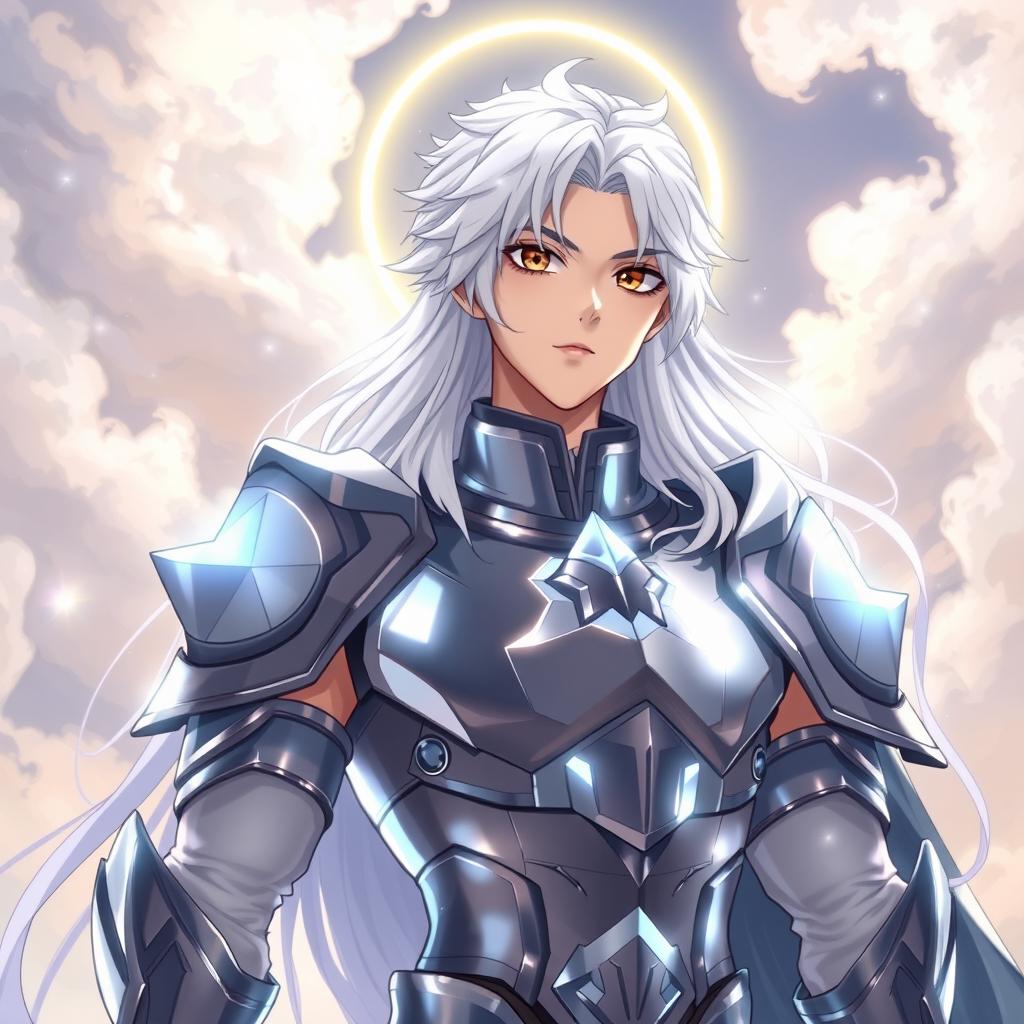 A young man with long, white hair and a glowing halo around his neck, adorned in divine silver armor that covers only his chest and forearms