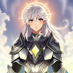 A young man with long, white hair and a glowing halo around his neck, adorned in divine silver armor that covers only his chest and forearms