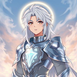 A young man with long, white hair and a glowing halo around his neck, adorned in divine silver armor that covers only his chest and forearms