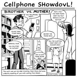 A comic strip designed to resemble a newspaper layout, featuring a comical yet intense argument between an older brother and their mother over a cellphone