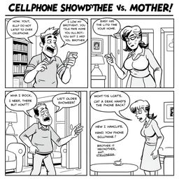 A comic strip designed to resemble a newspaper layout, featuring a comical yet intense argument between an older brother and their mother over a cellphone